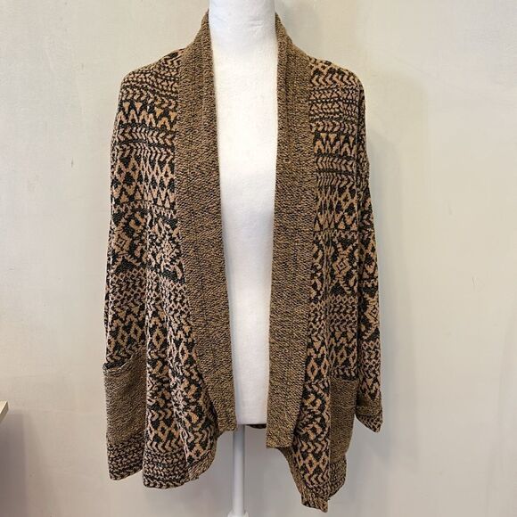 One World brown tan patterned front pocket open cardigan Size XL EUC - Picture 2 of 10